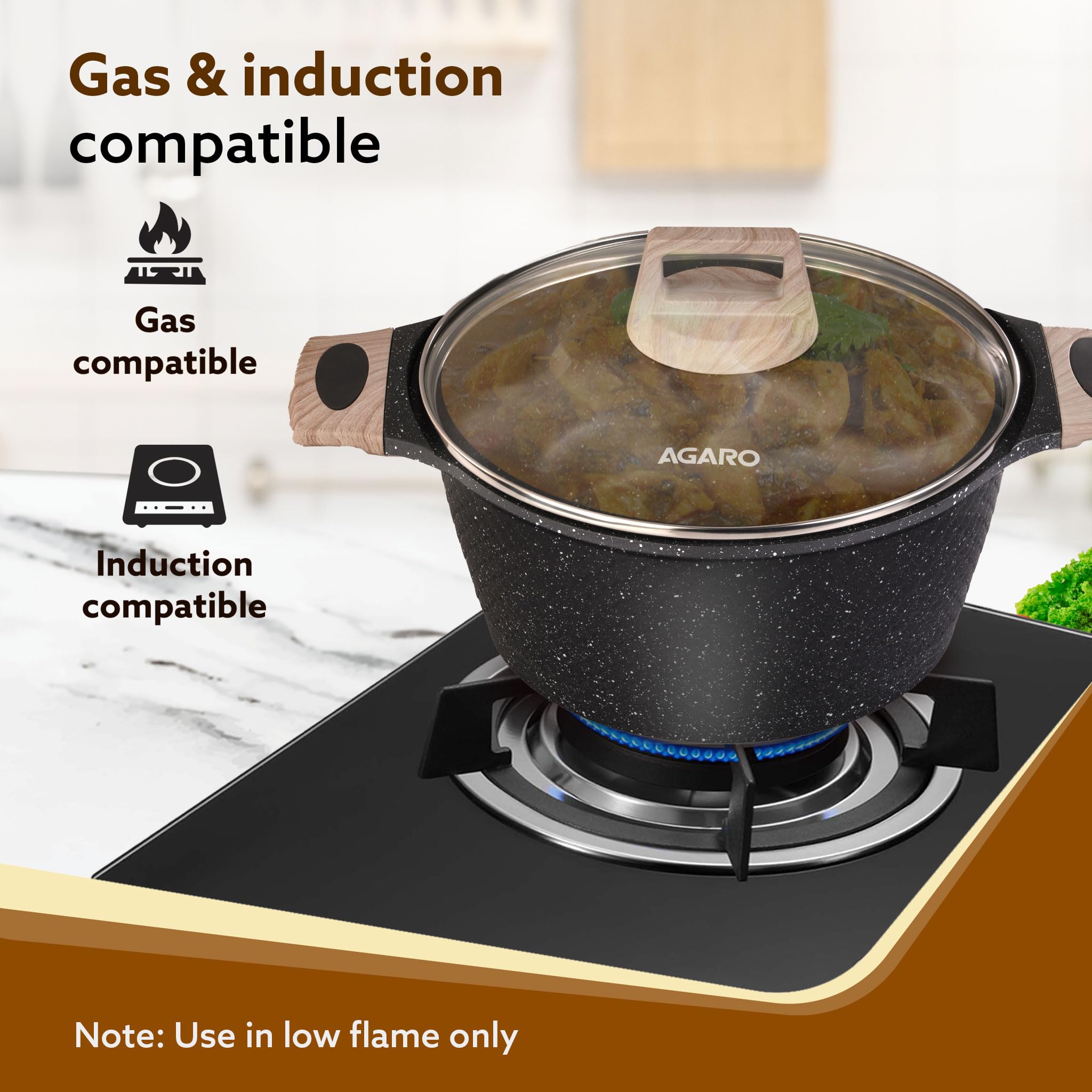 AGARO Imperial Granite Non Stick Cookware Set, 4pcs Cookware Set, 24cm Fry Pan & Casserole with Lid, 16cm Sauce pan with Lid, 28